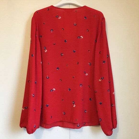 Poppy Red Sheer Single Button Peasant Sleeve Blouse - Picture 2 of 16